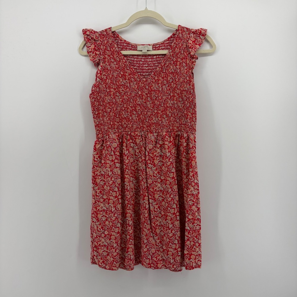 LOFT Womens MP Red Floral Mini Dress Smocked Ruffle Sleeve V-Neck Petite